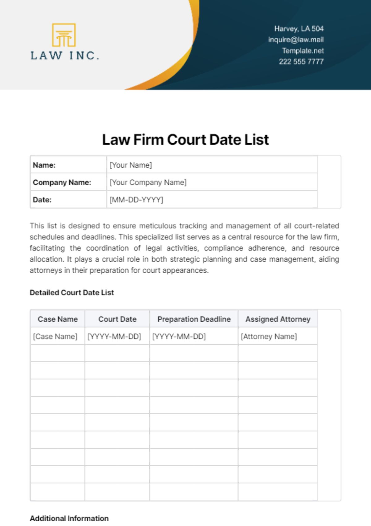Law Firm Court Date List Template