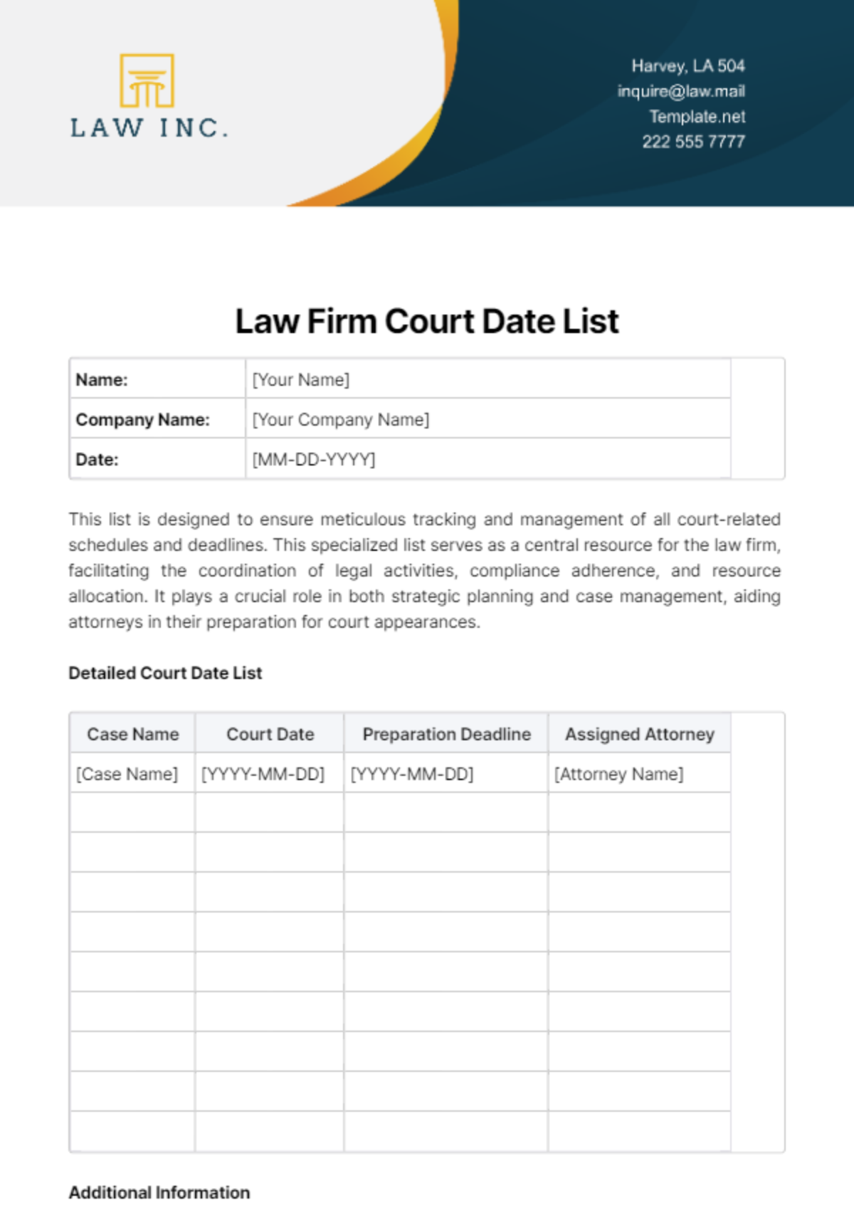 Law Firm Court Date List Template - Edit Online & Download