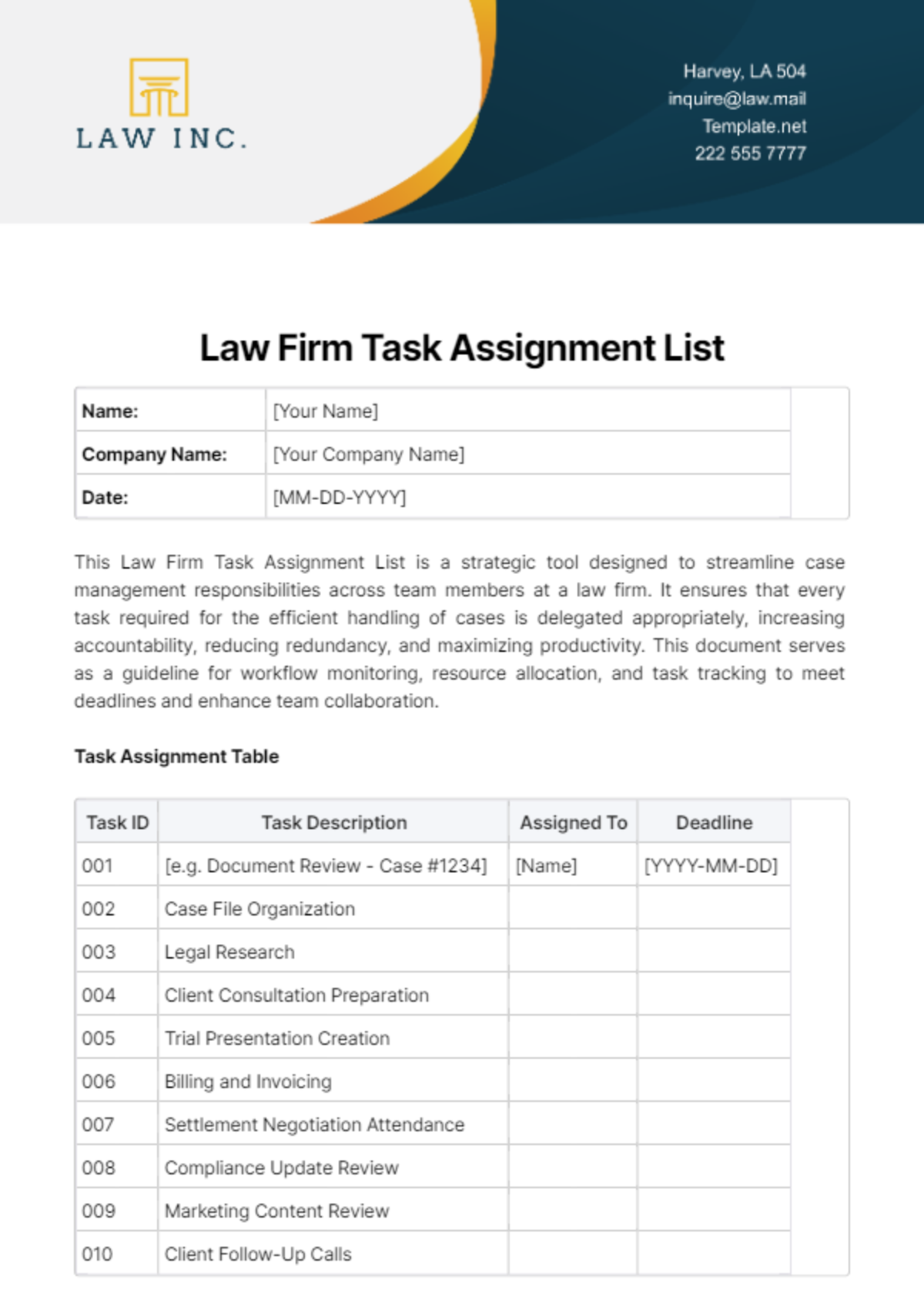Law Firm Task Assignment List Template