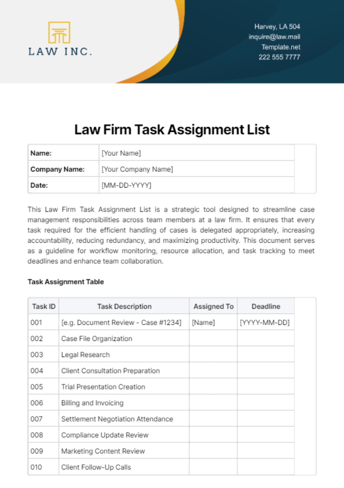 Law Firm Task Assignment List Template - Edit Online & Download