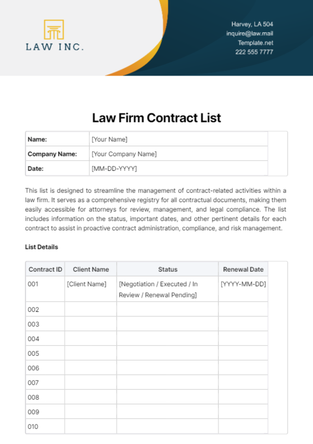 Free Law Firm Contract List Template