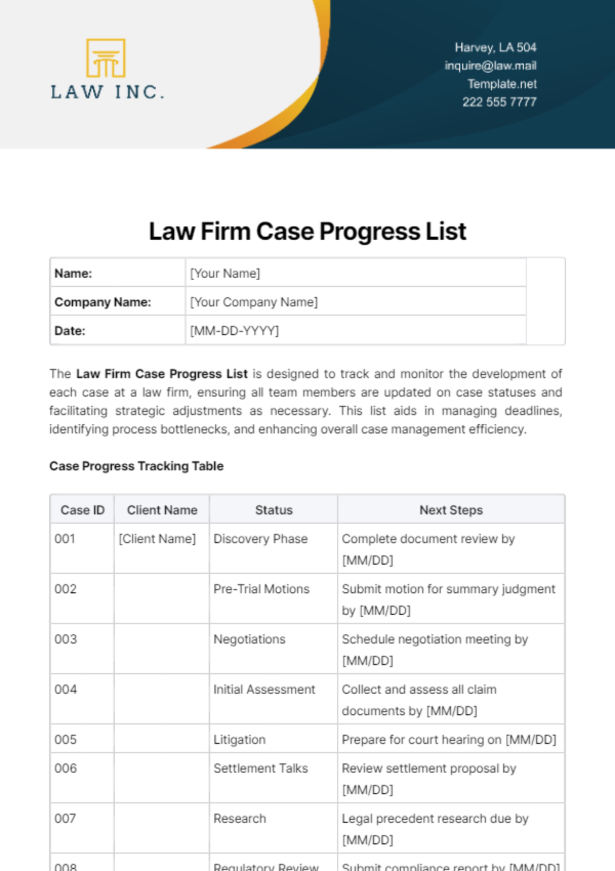 Free Law Firm Case Progress List Template