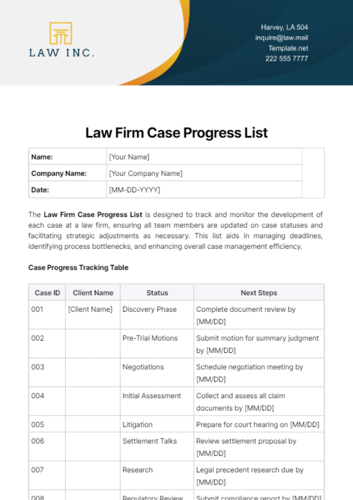 Law Firm Case Progress List Template - Edit Online & Download