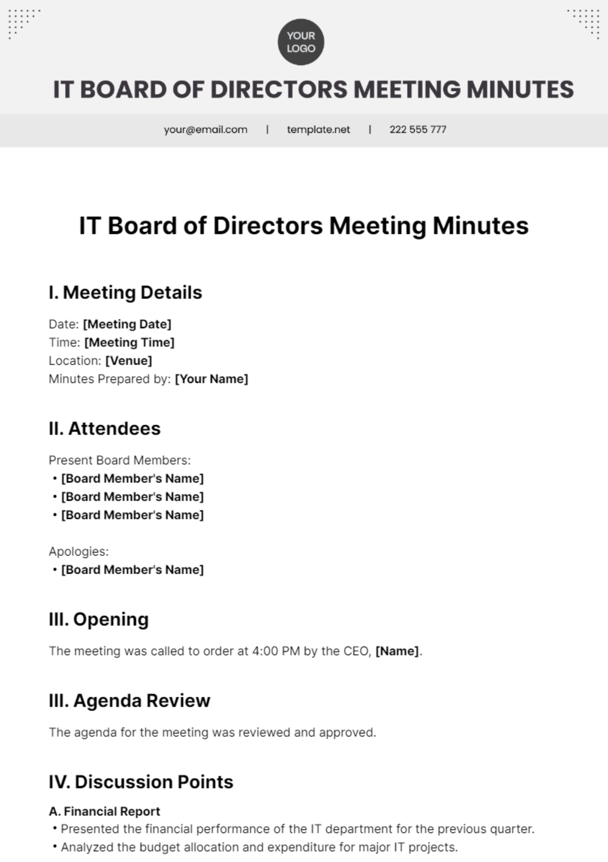 IT Board Of Directors Meeting Minutes Template
