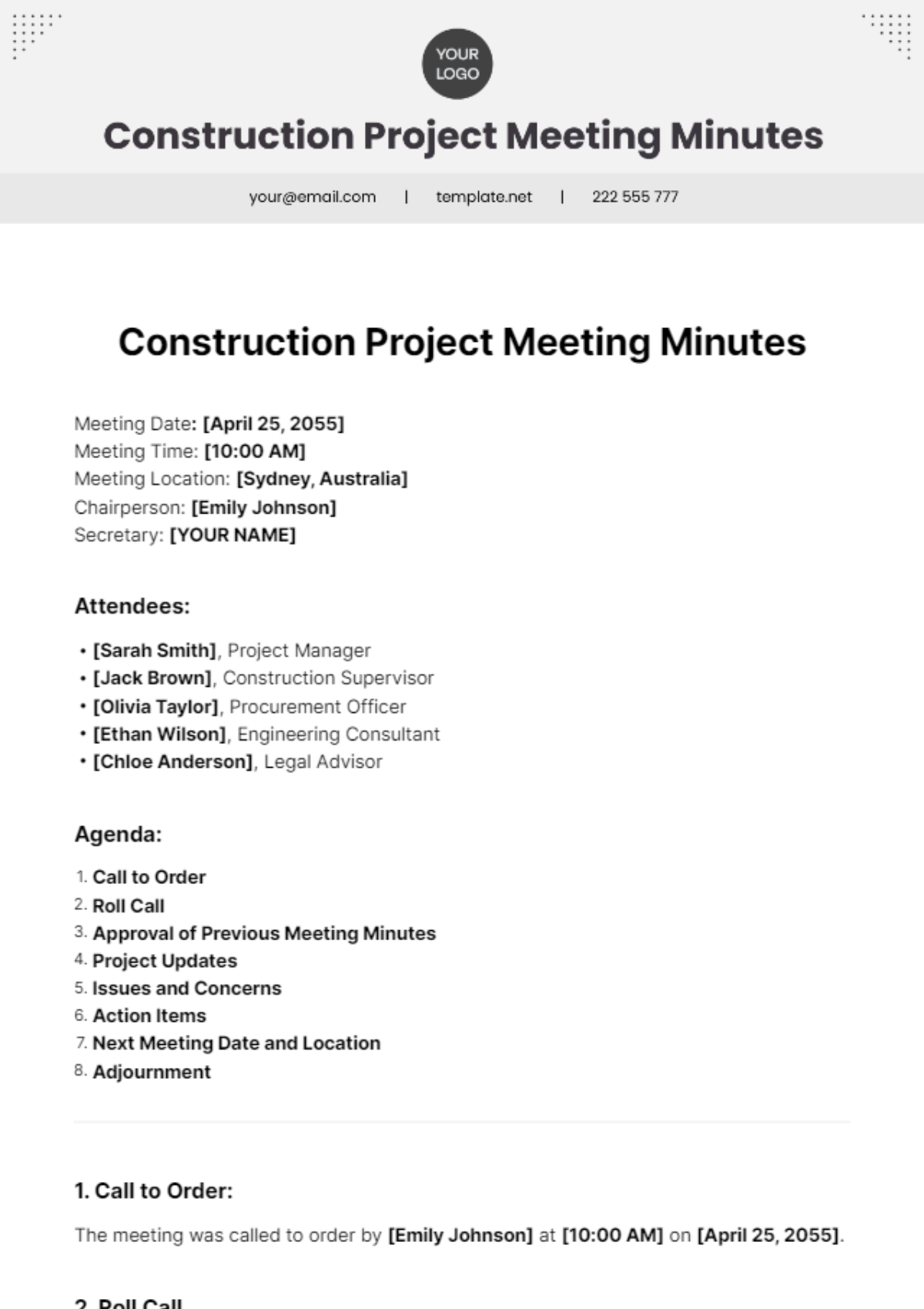 Construction Project Meeting Minutes Template