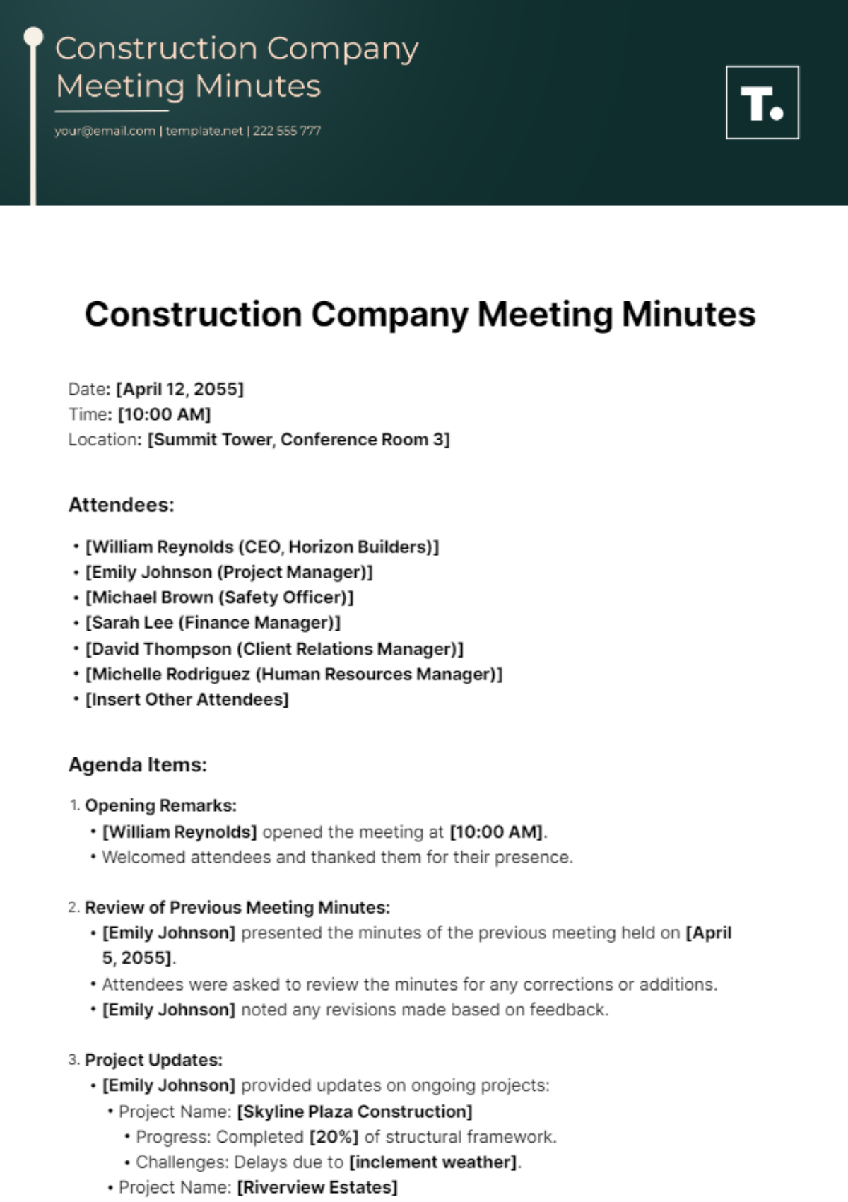 Construction Company Meeting Minutes Template