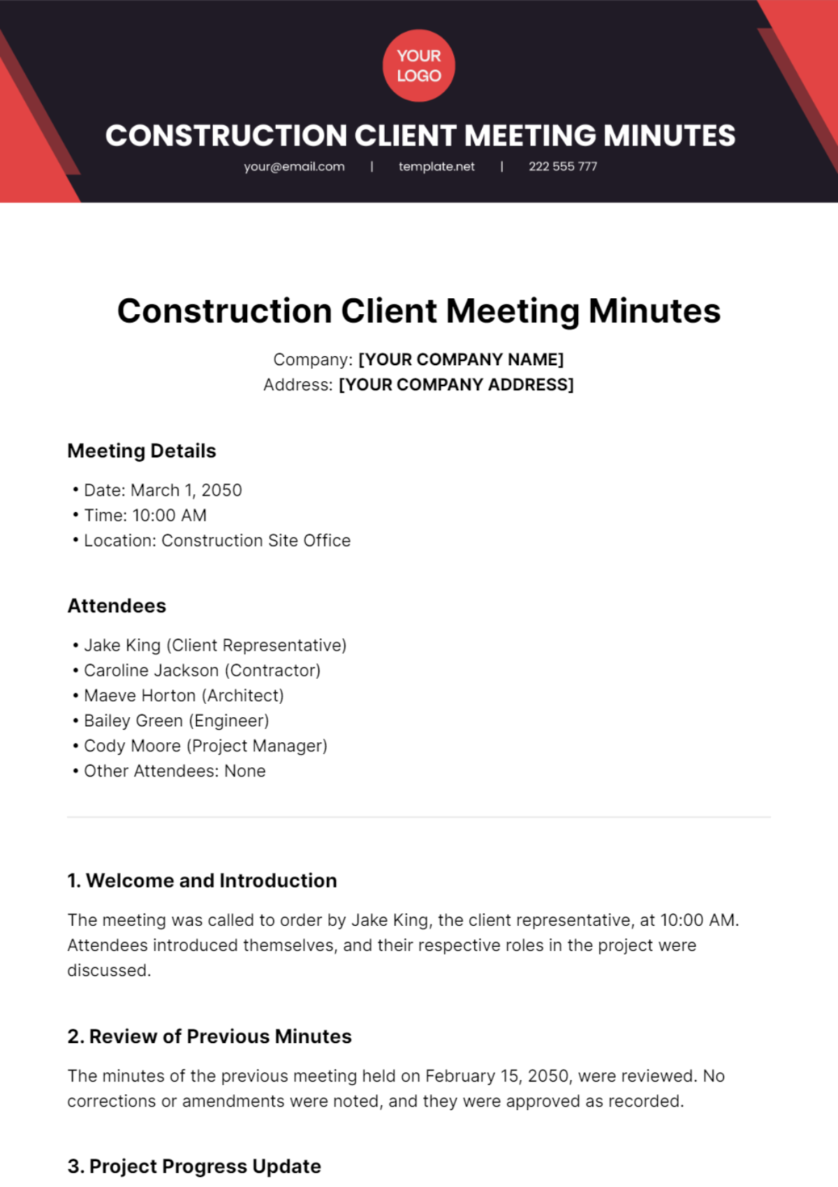 Construction Client Meeting Minutes Template