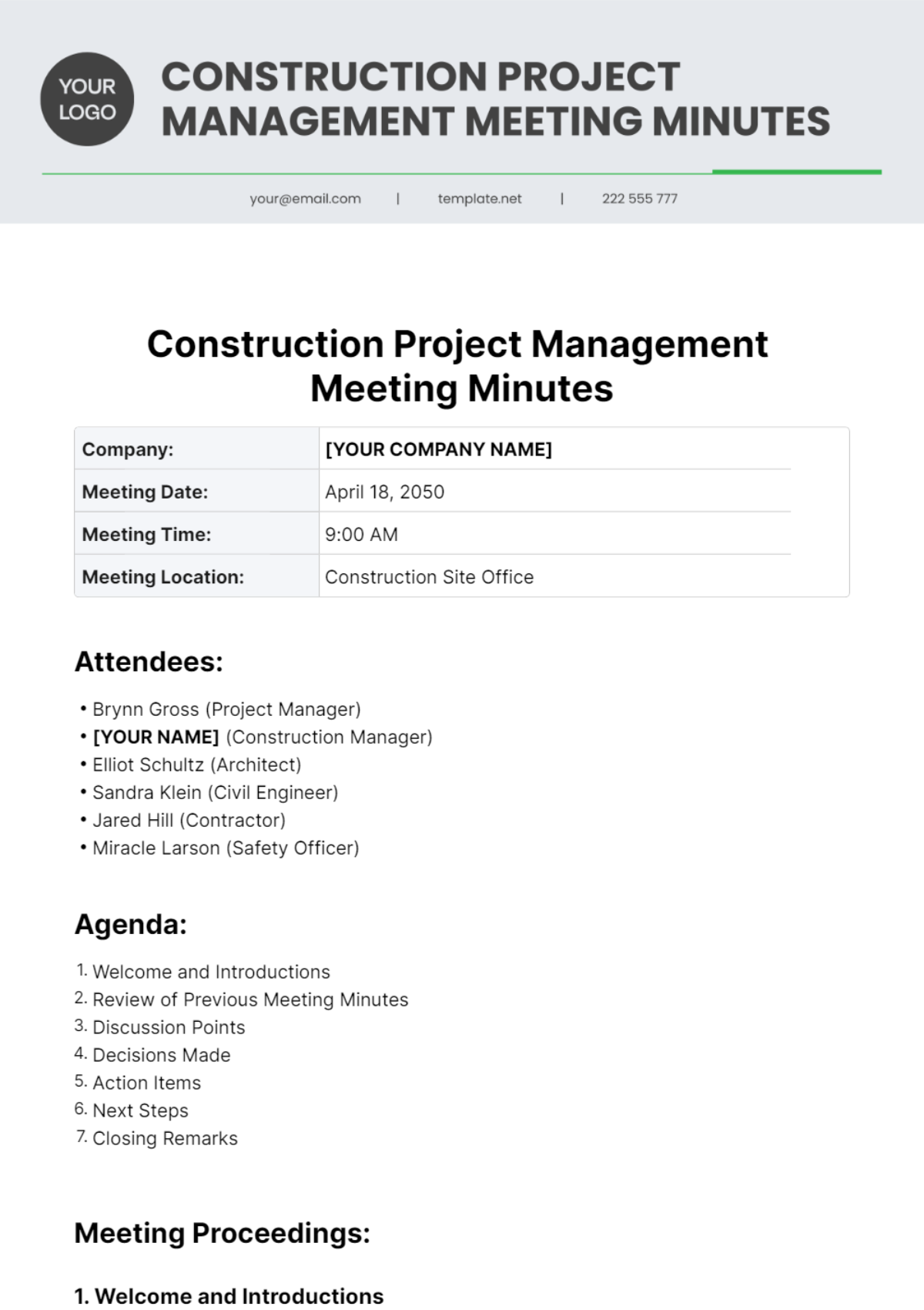 Construction Project Management Meeting Minutes Template