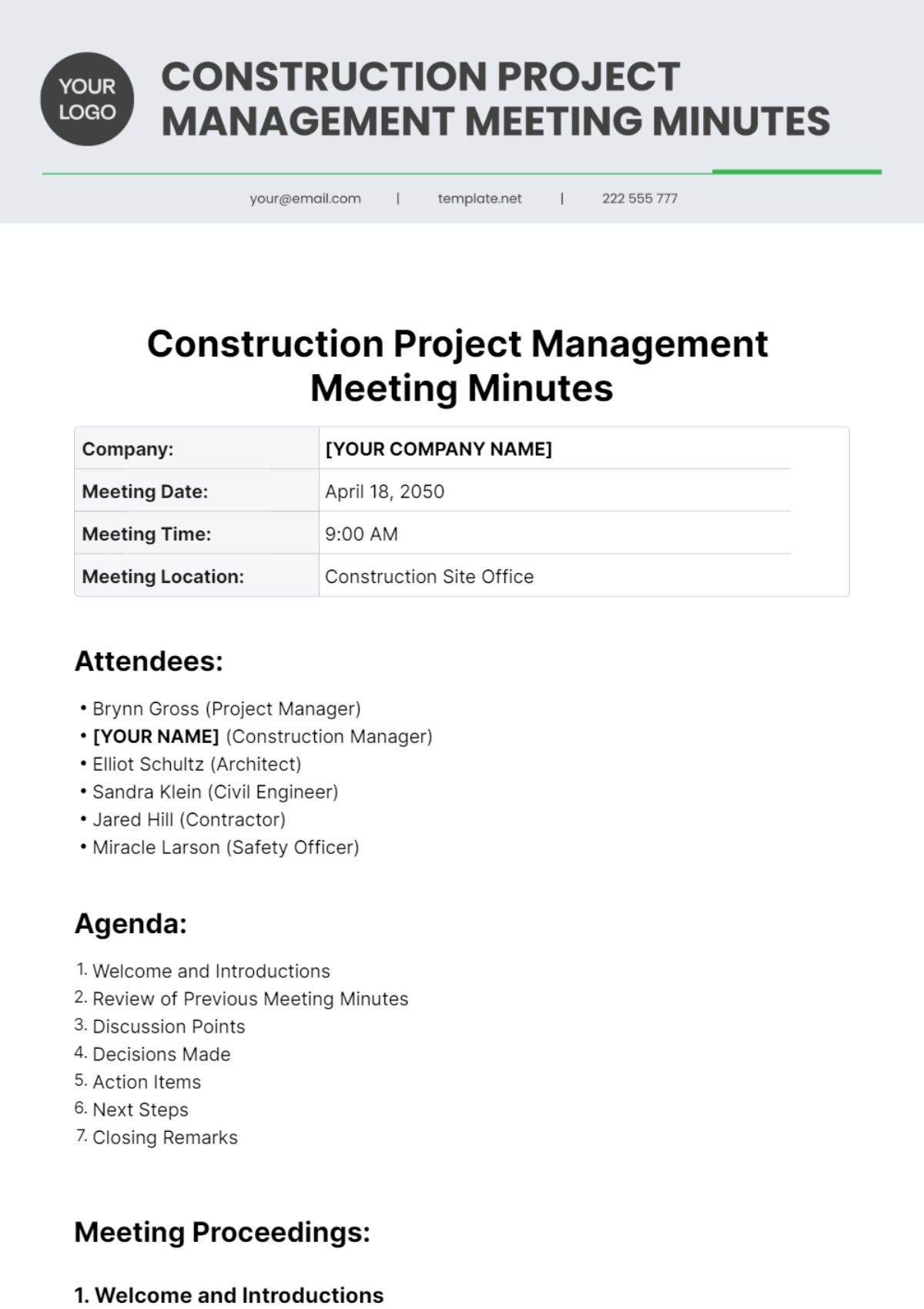 Free Construction Project Management Meeting Minutes Template To Edit 