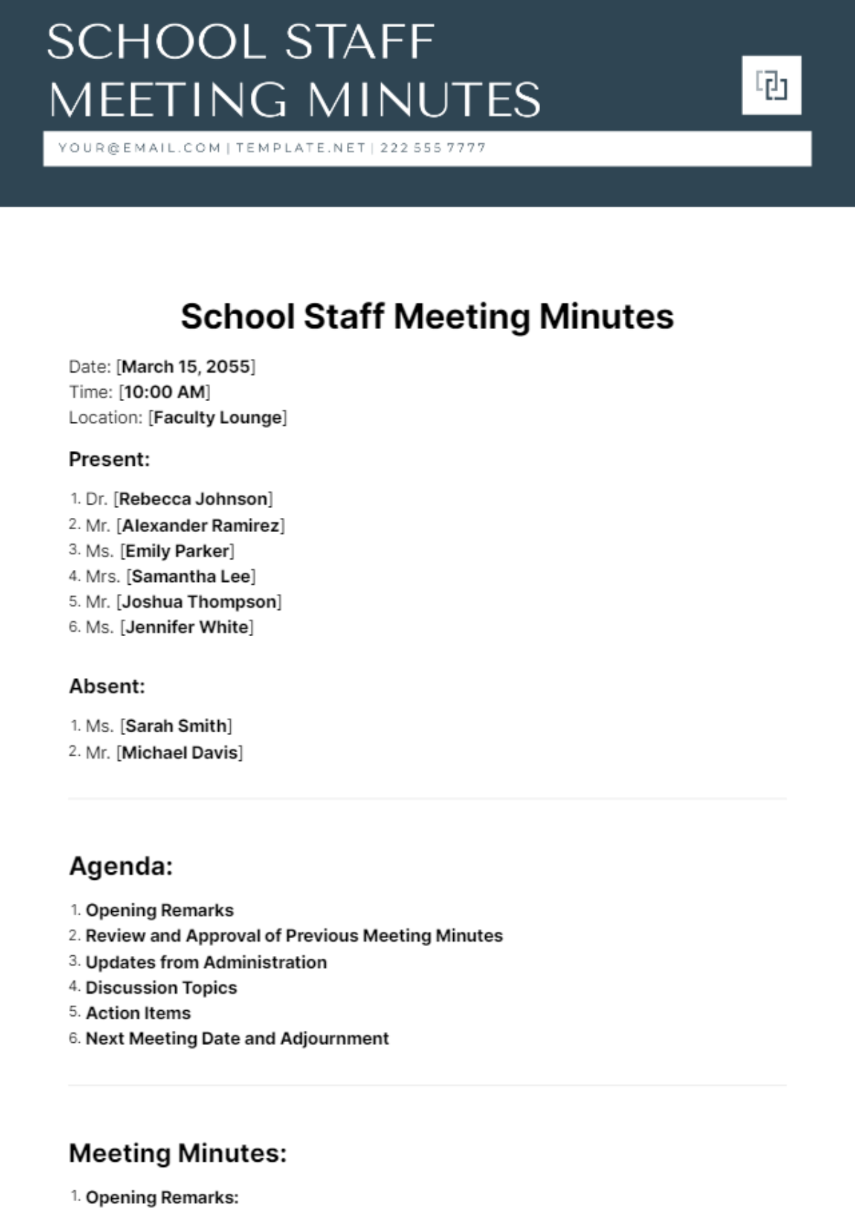 School Staff Meeting Minutes Template