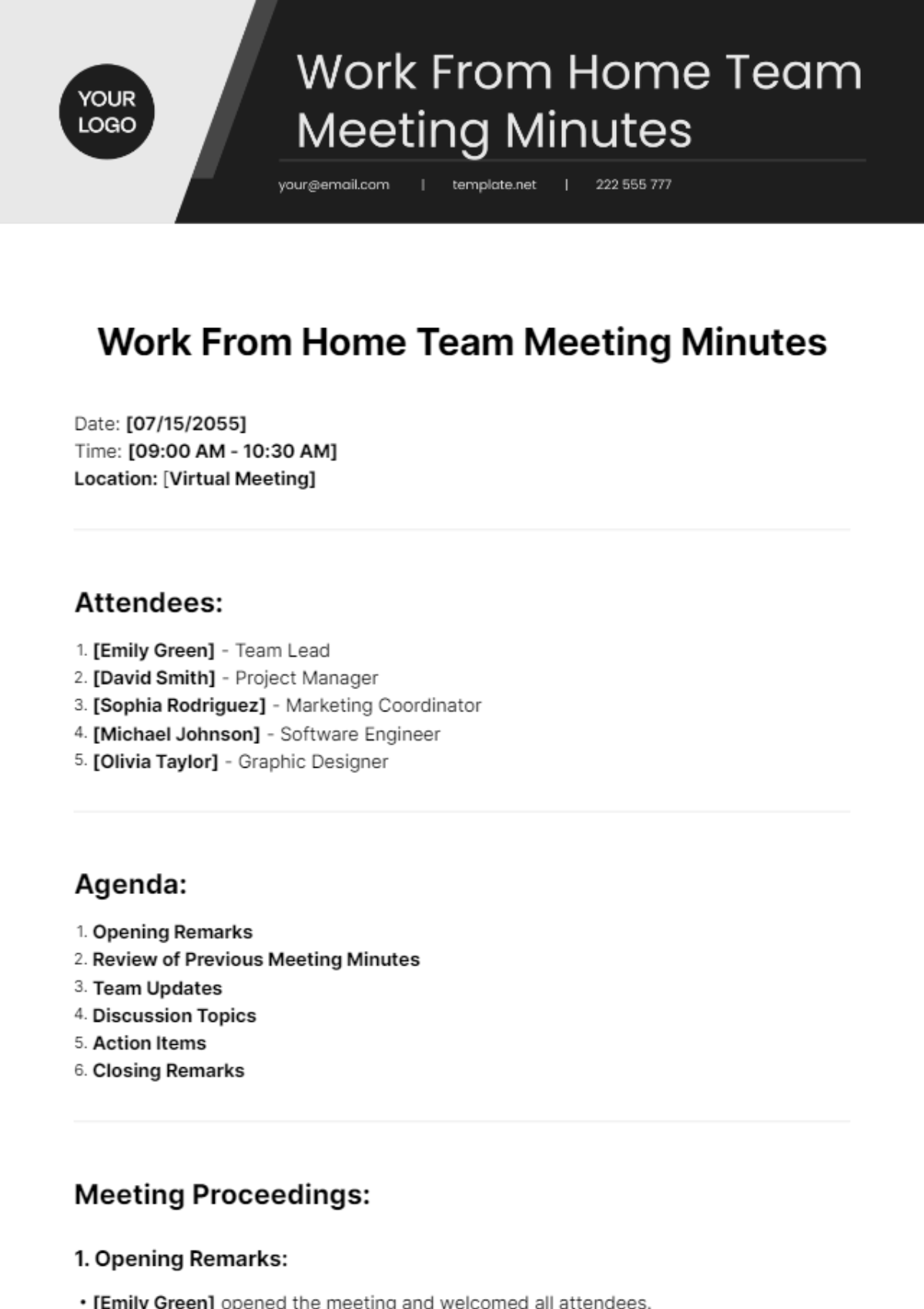 Work From Home Team Meeting Minutes Template