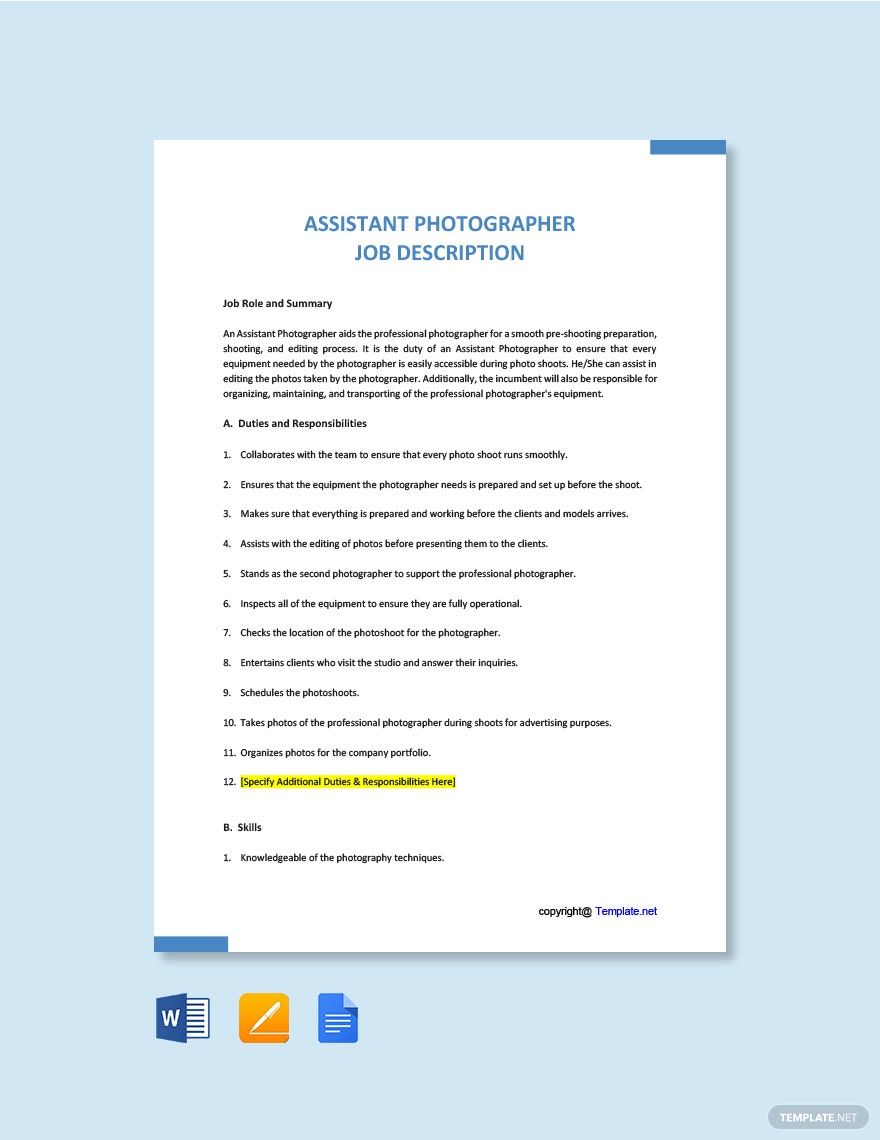 Assistant Photographer Job Description Template Google Docs Word Apple Pages Template