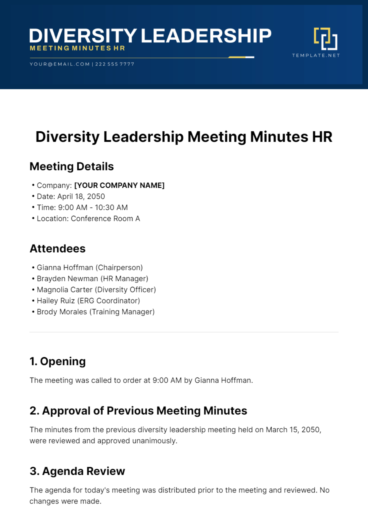 Diversity Leadership Meeting Minutes HR Template