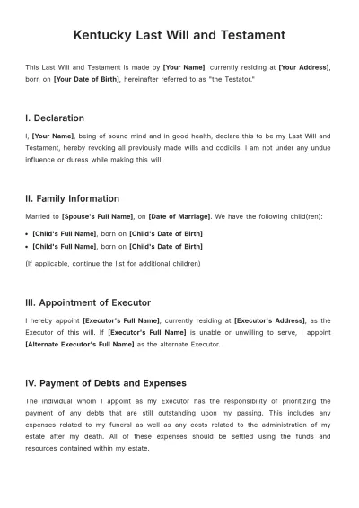 Free Kentucky Last Will and Testament Template to Edit Online