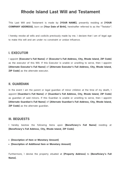 Free Rhode Island Last Will and Testament Template to Edit Online