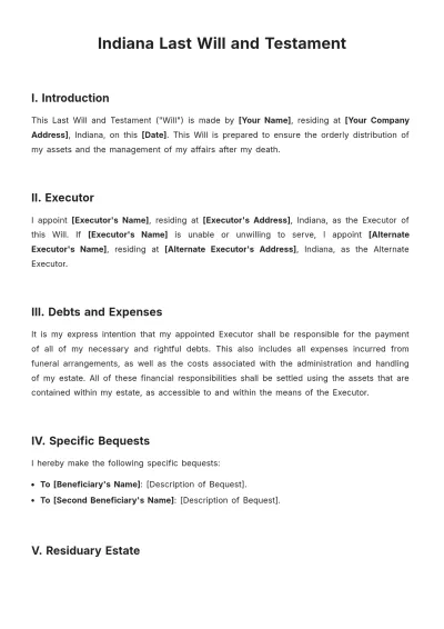 Free Indiana Last Will and Testament Template to Edit Online