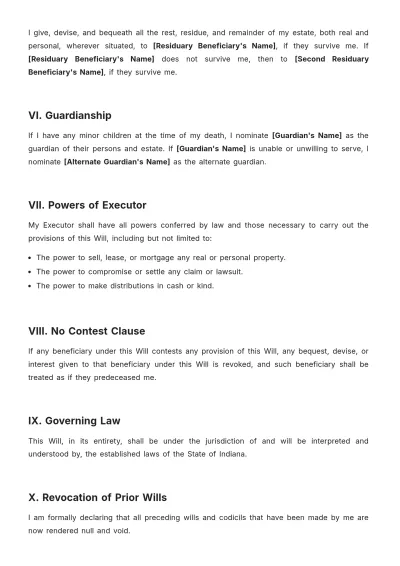 Free Indiana Last Will and Testament Template to Edit Online