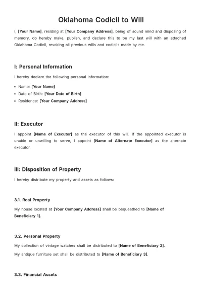 Free Oklahoma Codicil to Will Template to Edit Online