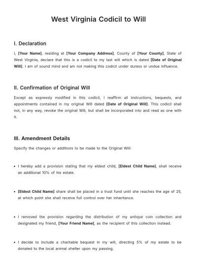 Free West Virginia Codicil to Will Template to Edit Online