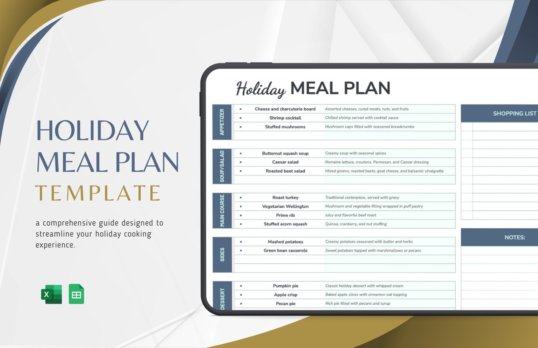 Holiday Meal Plan Template in Excel, Google Sheets