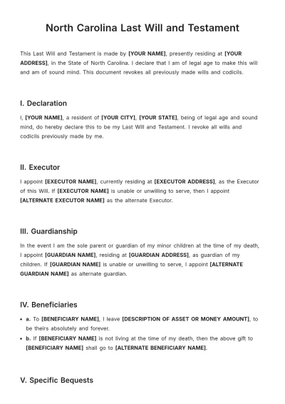 Free North Carolina Last Will and Testament Template to Edit Online