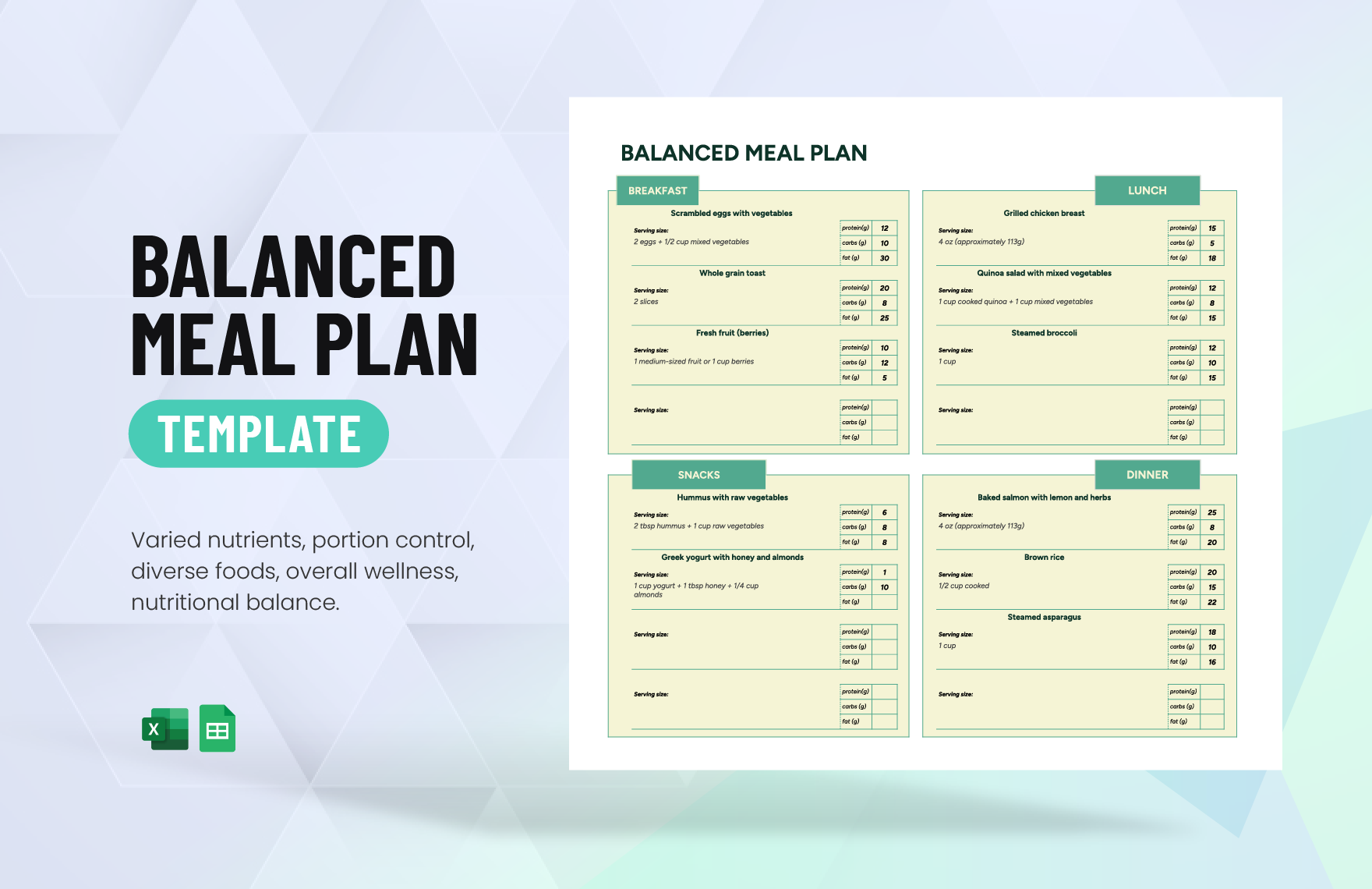 Balanced Meal Plan Template in Excel, Google Sheets