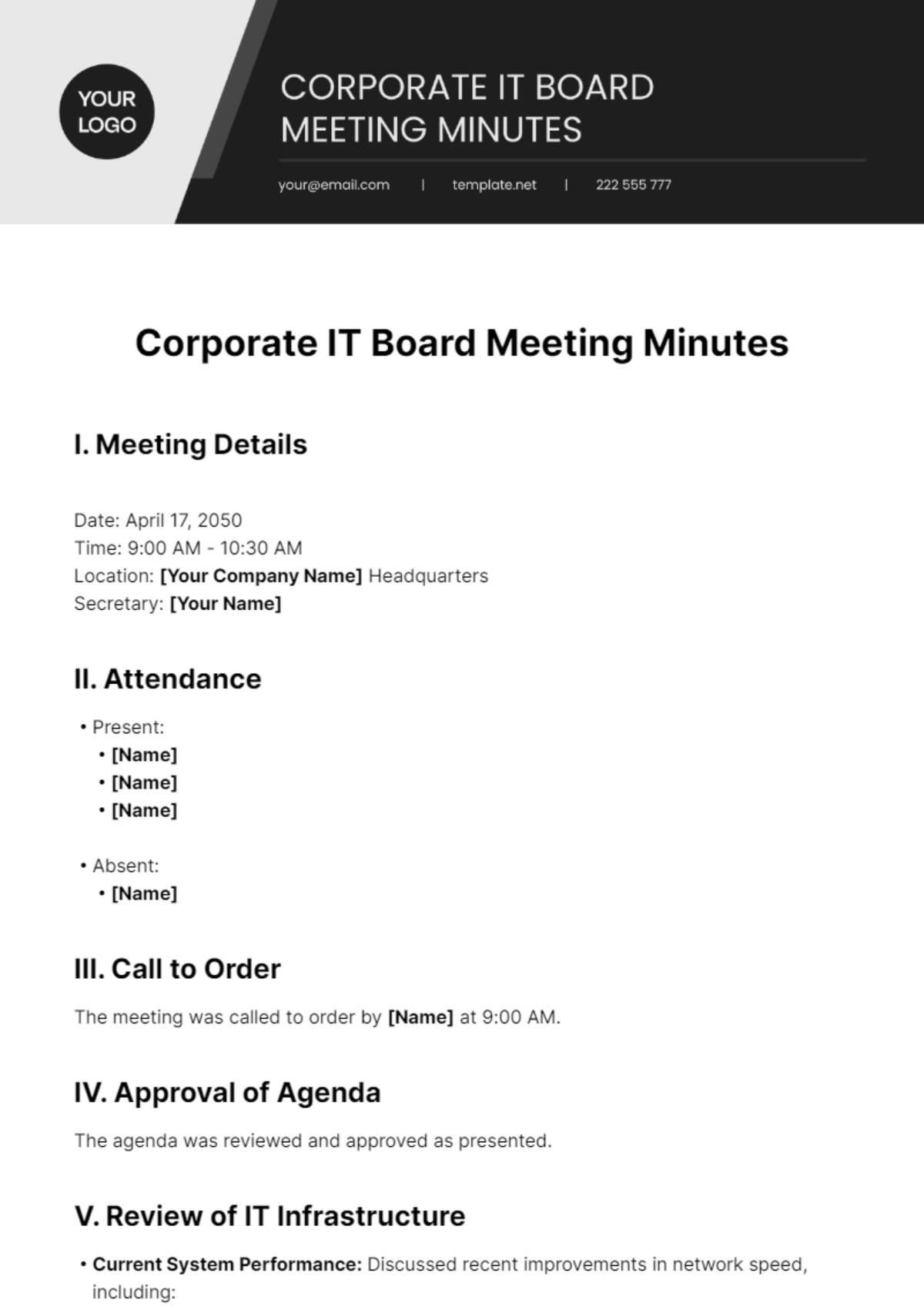 Corporate It Board Meeting Minutes Template