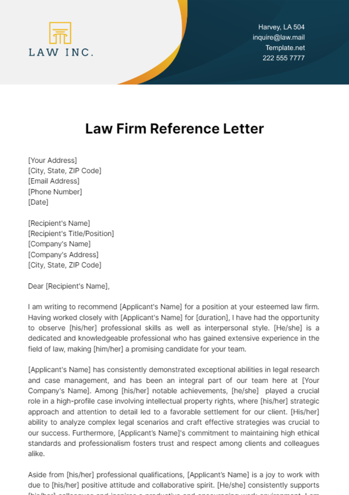 Free Law Firm Reference Letter Template