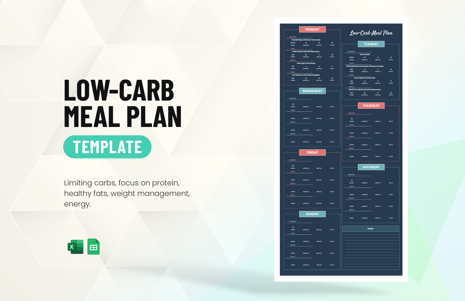 Low-Carb Meal Plan Template in Excel, Google Sheets