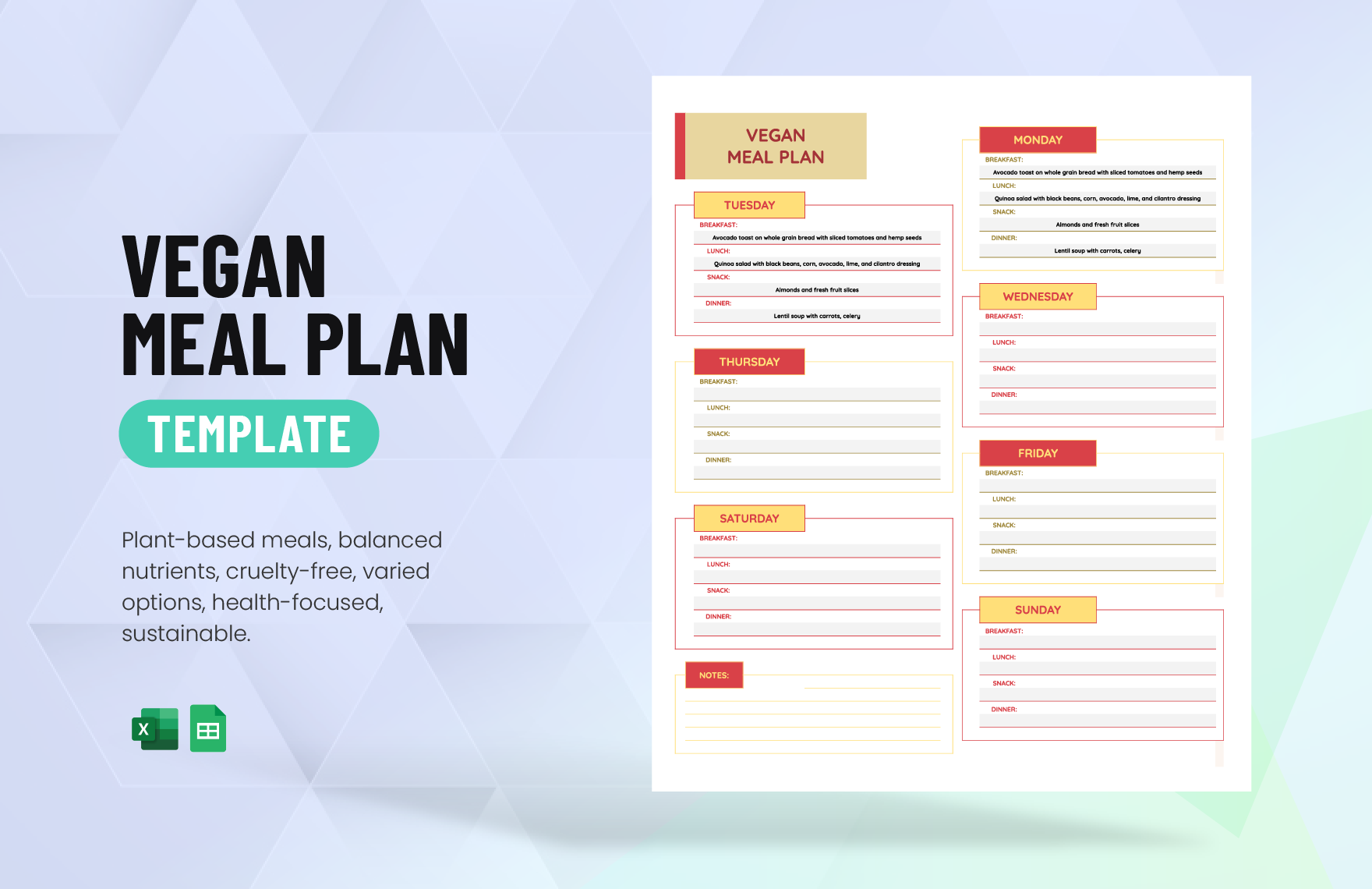 Vegan Meal Plan Template in Excel, Google Sheets
