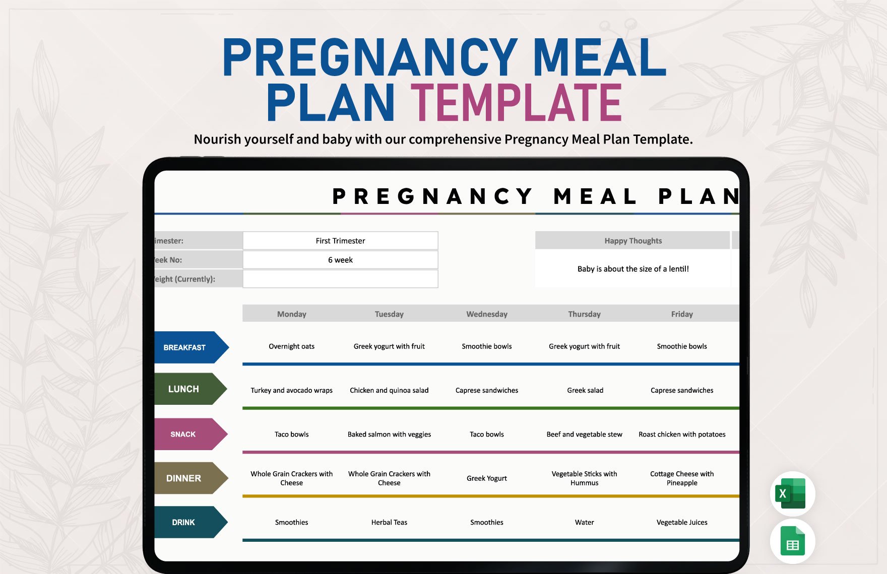 Pregnancy Meal Plan Template in Excel, Google Sheets