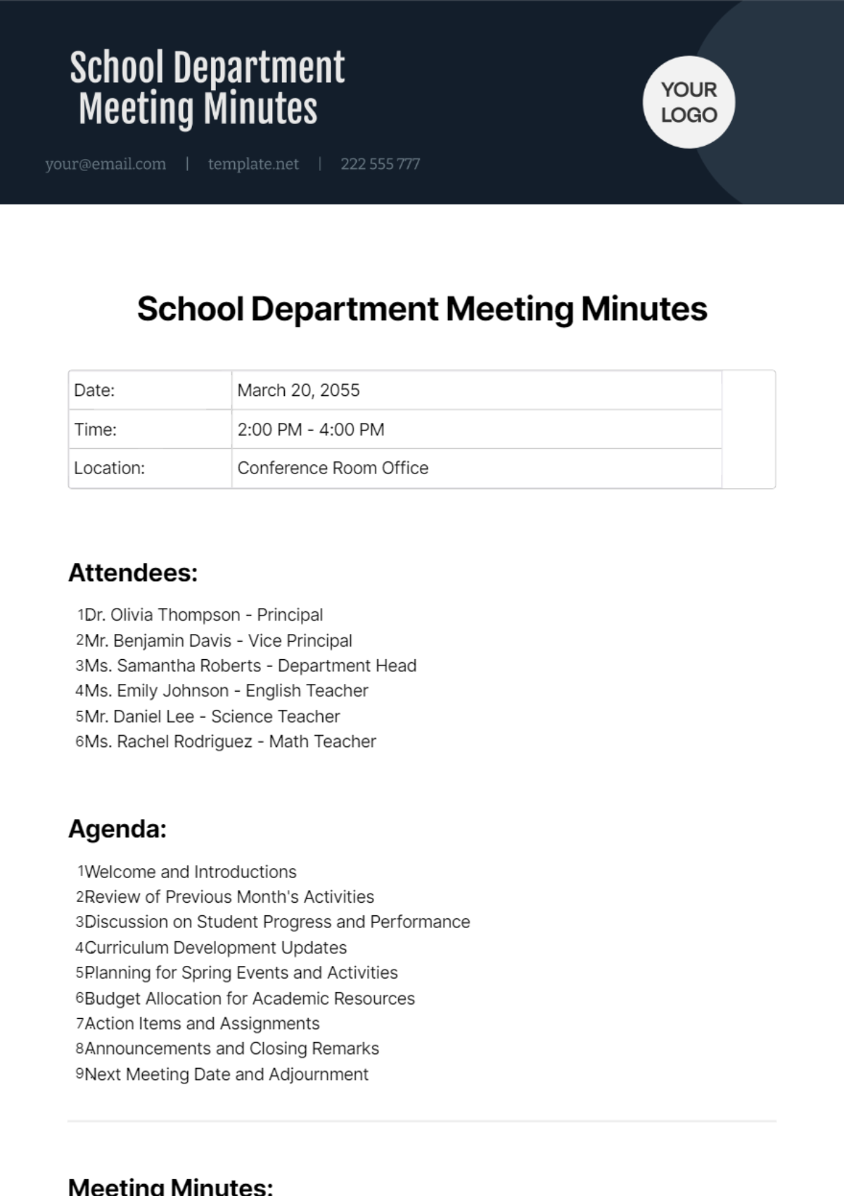 School Department Meeting Minutes Template