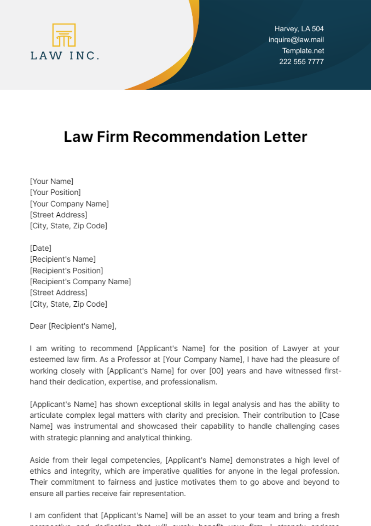 Law Firm Recommendation Letter Template