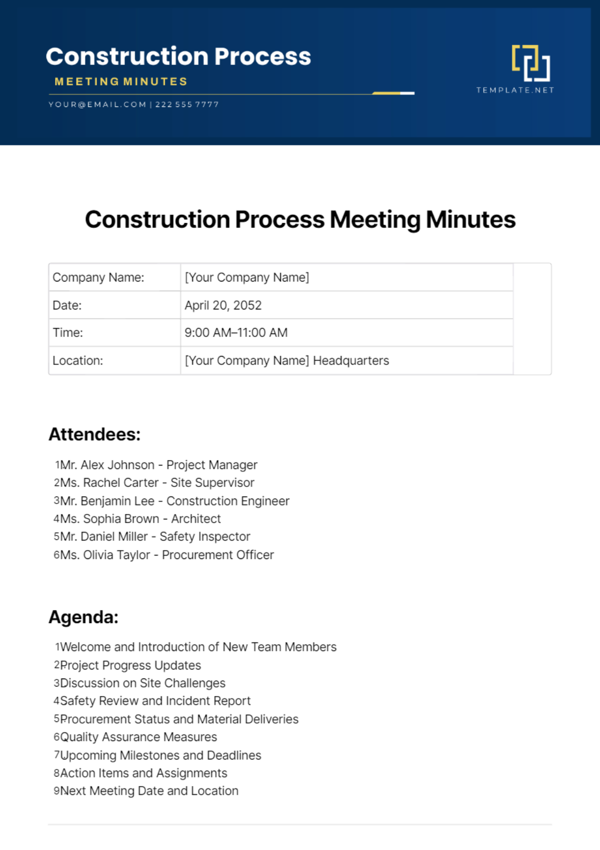 Construction Process Meeting Minutes Template