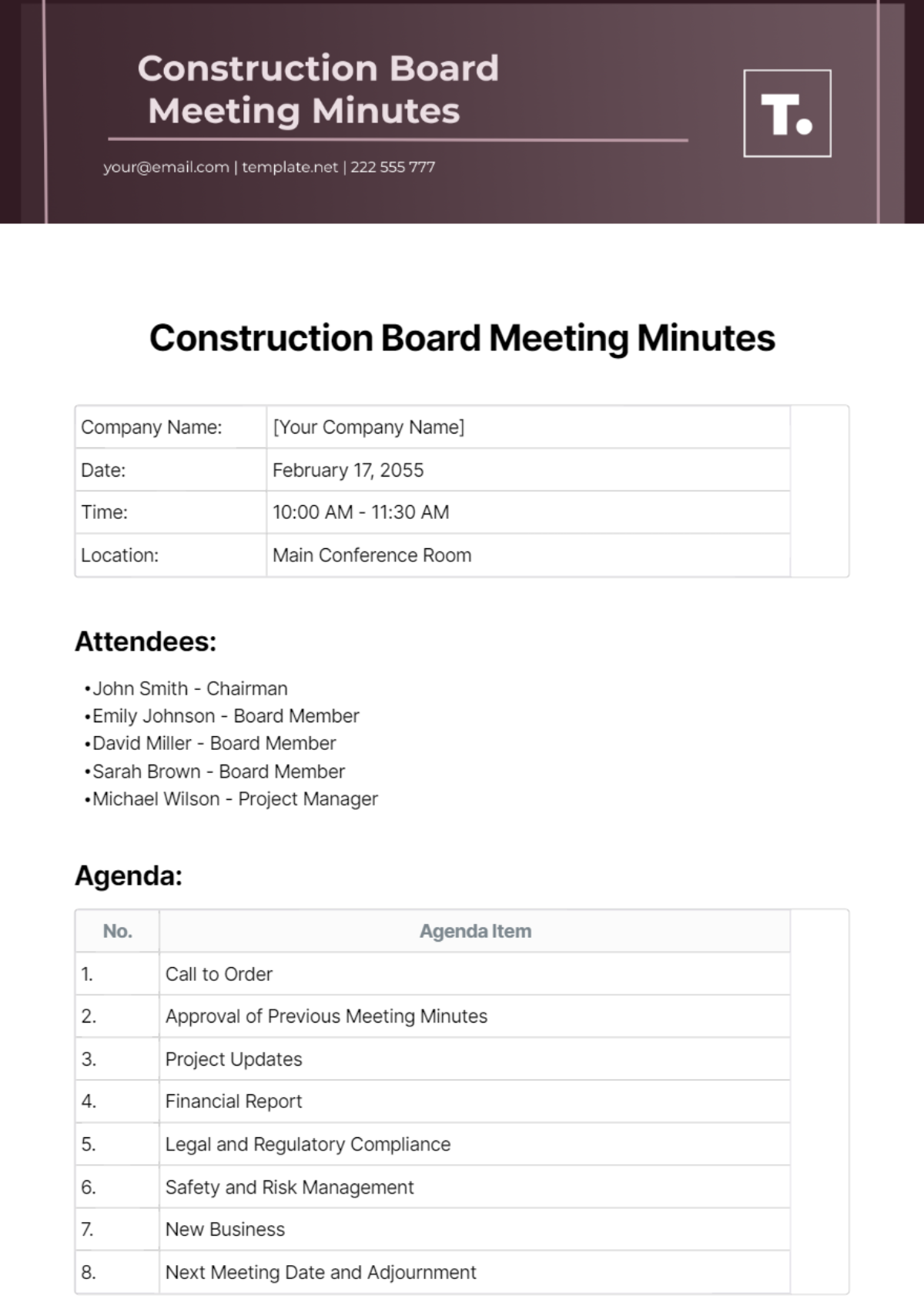 Construction Board Meeting Minutes Template
