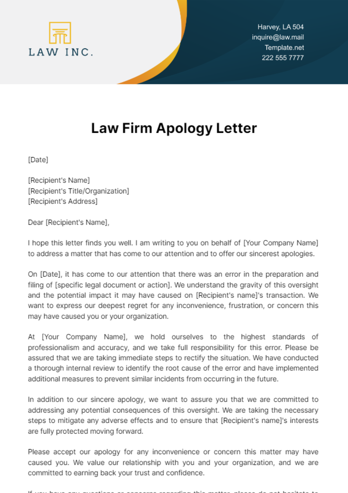 Law Firm Apology Letter Template