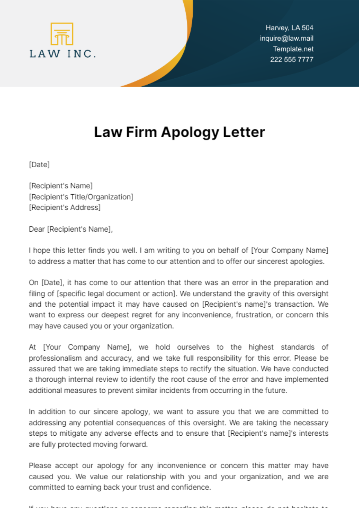 Law Firm Apology Letter Template - Edit Online & Download