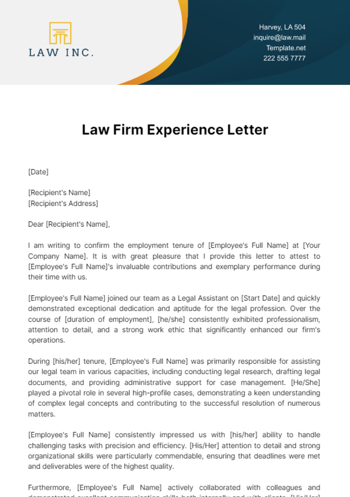 Free Law Firm Experience Letter Template