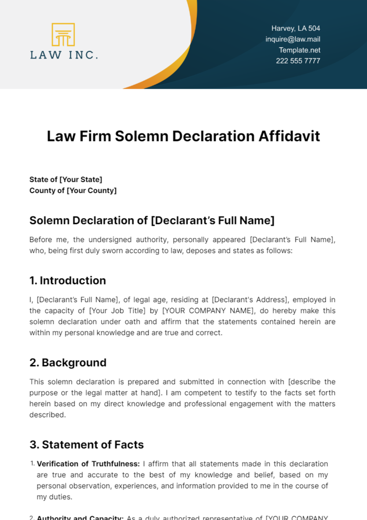 Free Law Firm Solemn Declaration Affidavit Template