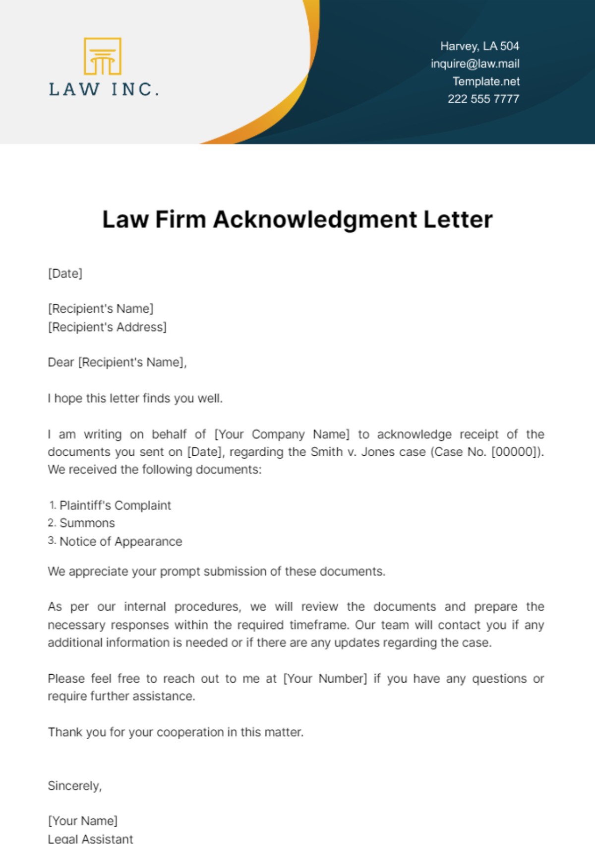 Law Firm Acknowledgment Letter Template