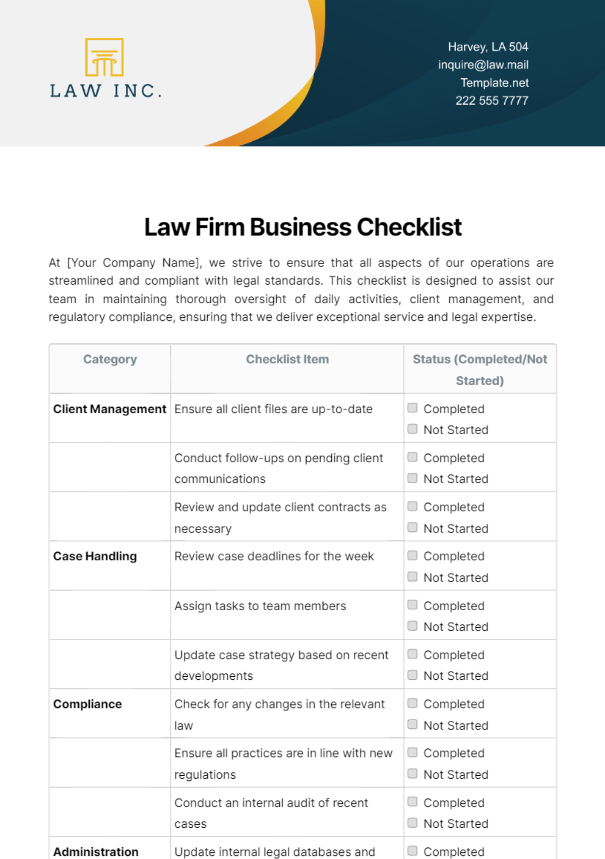 Law Firm Business Checklist Template