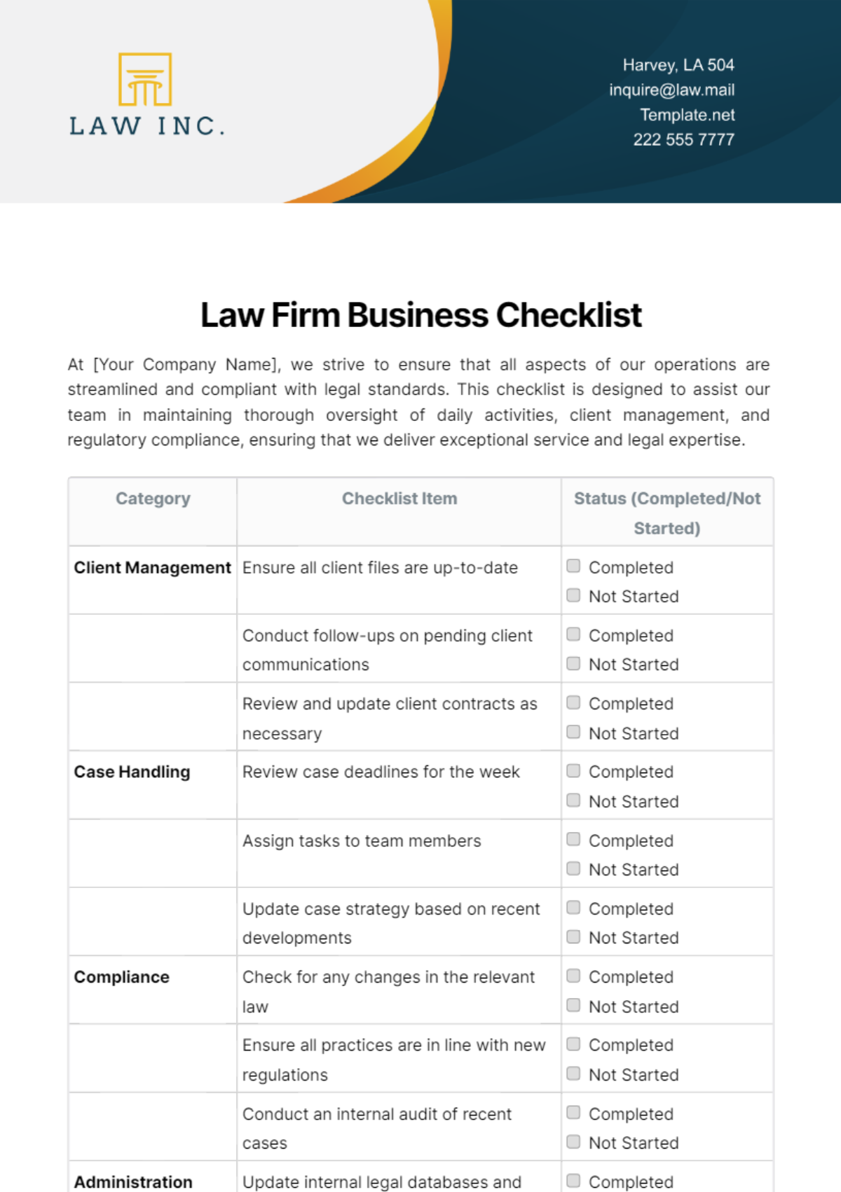 Law Firm Business Checklist Template - Edit Online & Download