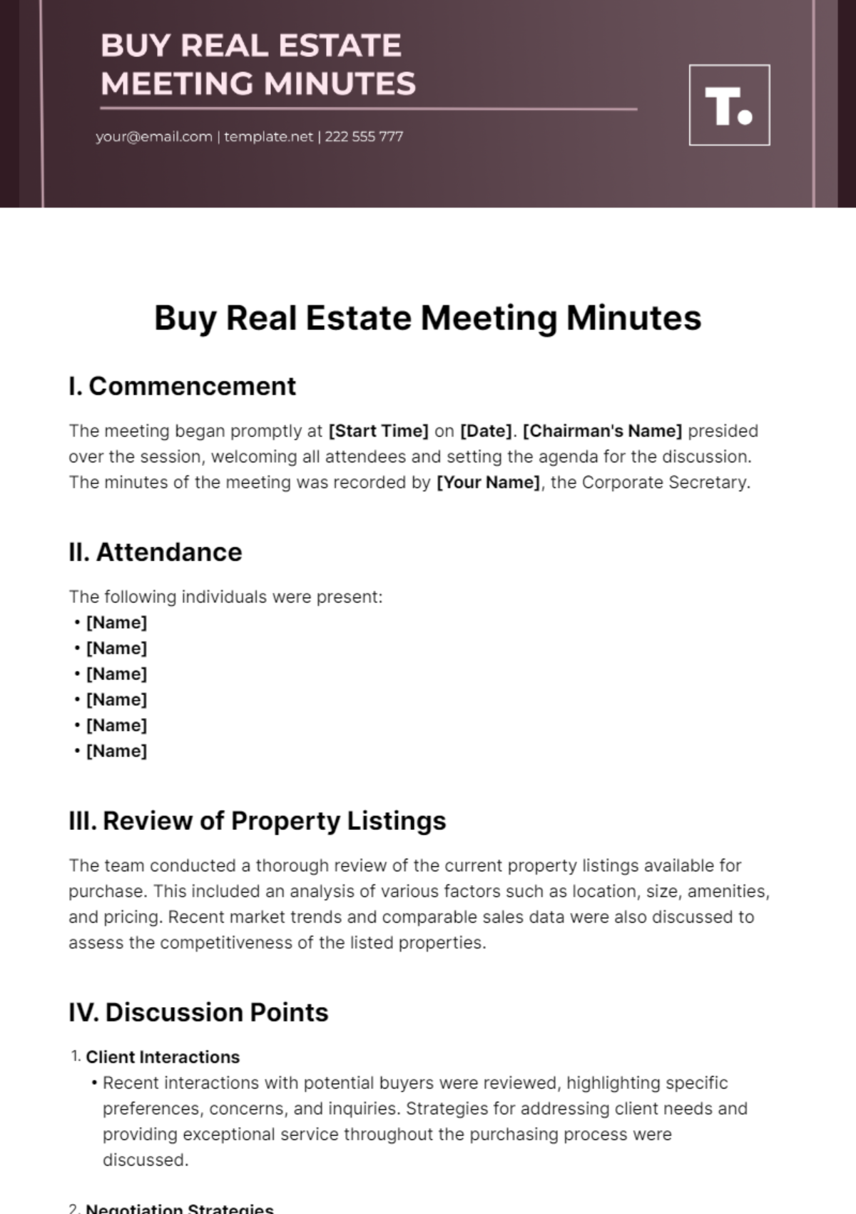 Buy Real Estate Meeting Minutes Template