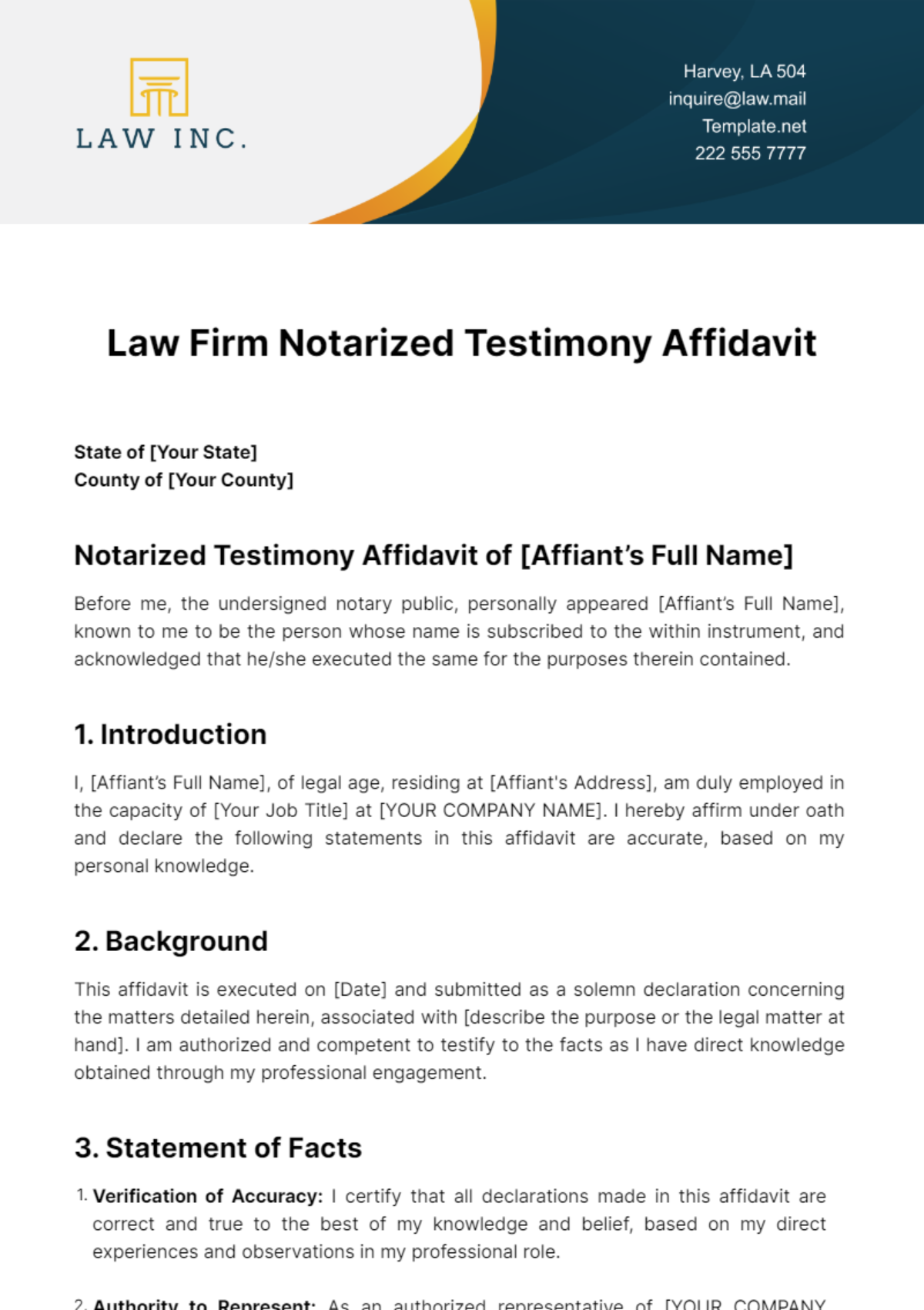 Free Law Firm Notarized Testimony Affidavit Template