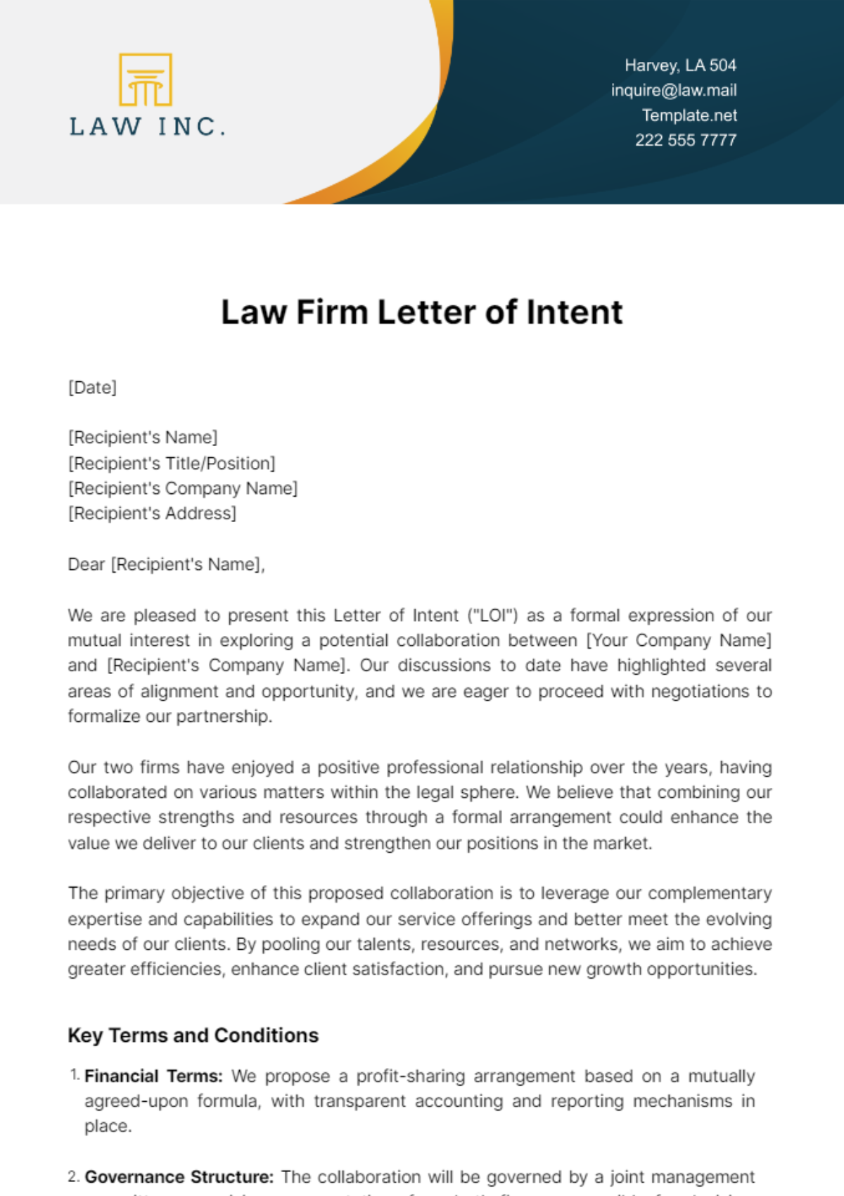 Law Firm Letter of Intent Template