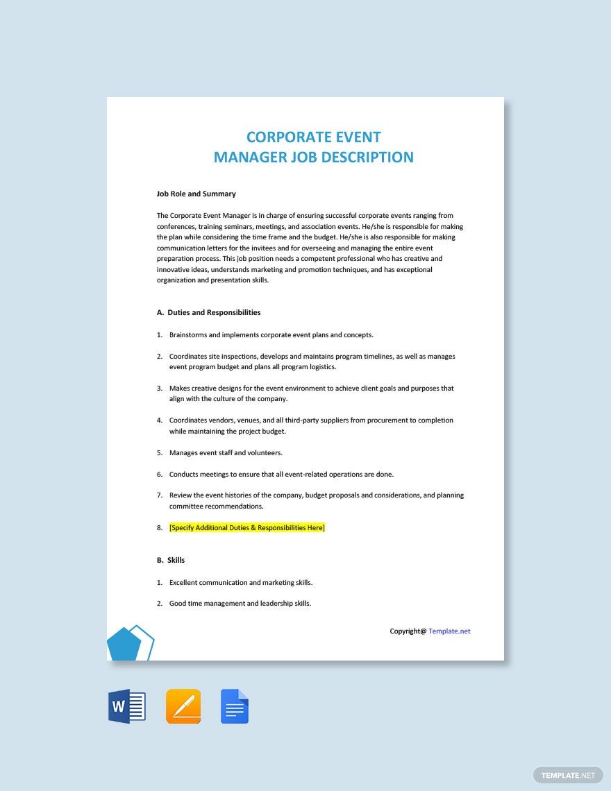 Restaurant Event Manager Job Description Template Google Docs Word 