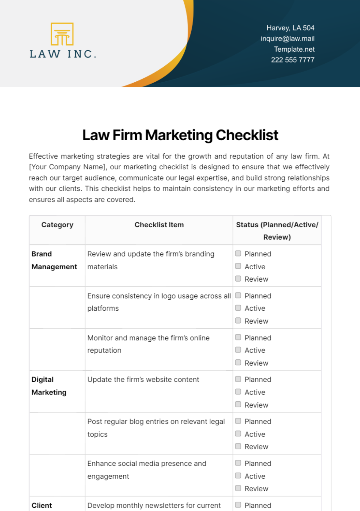 Law Firm Marketing Checklist Template