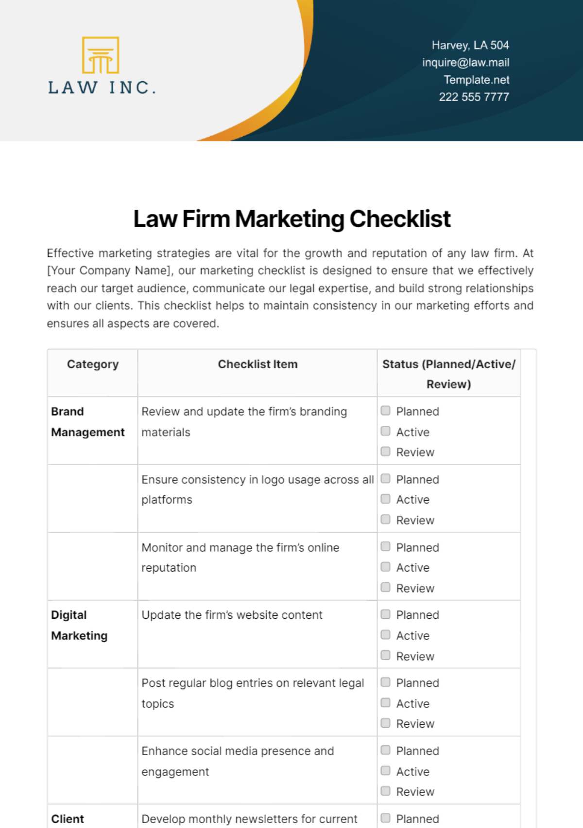 Law Firm Marketing Checklist Template - Edit Online & Download