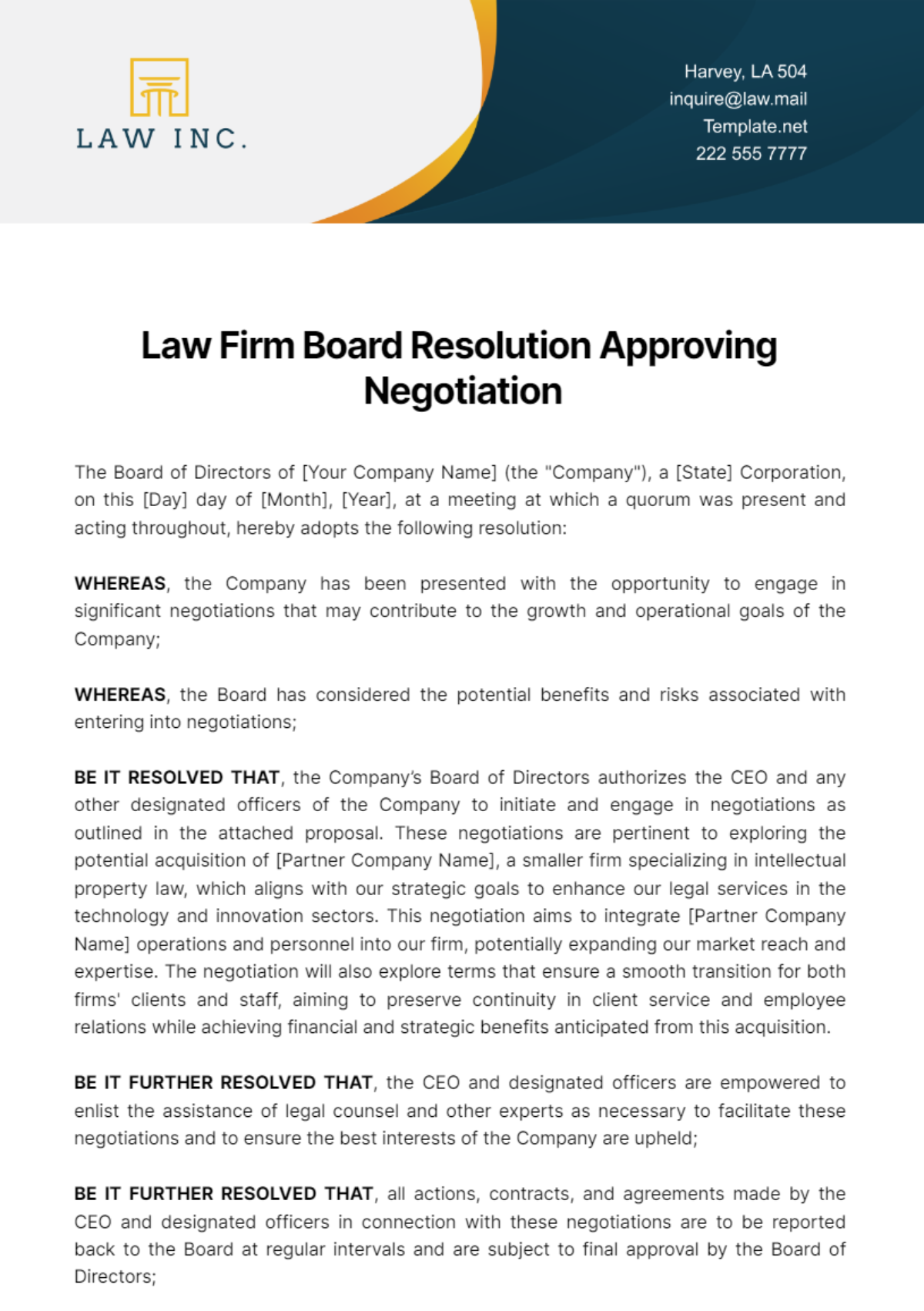 Law Firm Board Resolution Approving Negotiation Template
