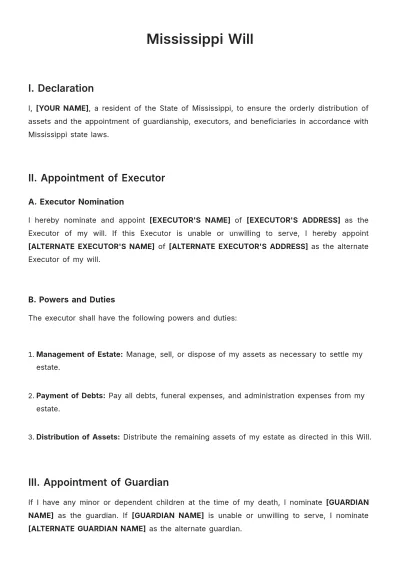 Free Mississippi Will Template to Edit Online